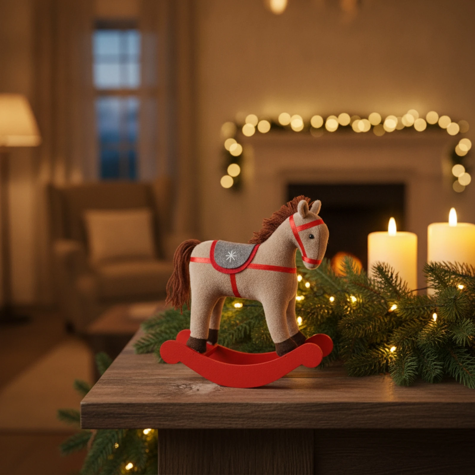 Christmas Rocking Horse with Red Rocker Base Ready to Display Felt Rocking Horse Decoration Figurine Cute Sculpture Compact