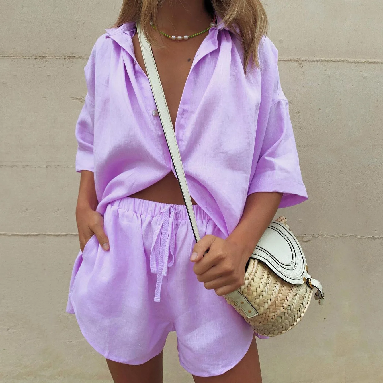 Casual Solid Color Sets Women Short Sleeve Loose Shirt Wide Leg Shorts Two Piece Set Woman Suits 2025 Summer Outfits