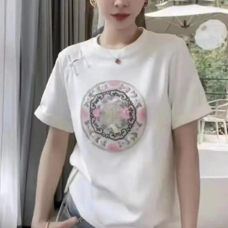 

Summer Women's Clothing T-shirts Pure Cotton Solid Color Printing Short Sleeve Loose Slim Versatile Round Neck Tops