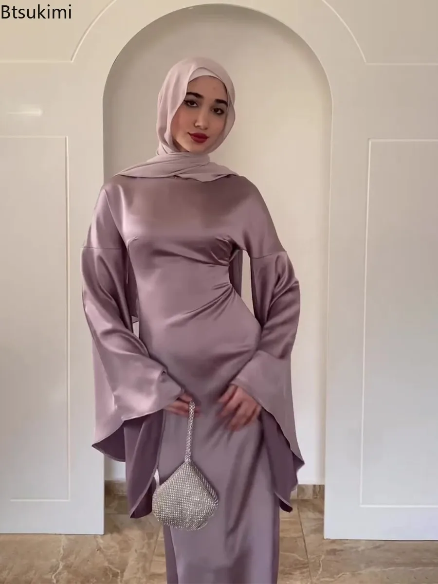 2025 Spring New Women's Slim Satin Maxi Dress Fashion Flared Sleeve Elegant Party Robe Eid Muslim Modest Abayas Islamic Clothing