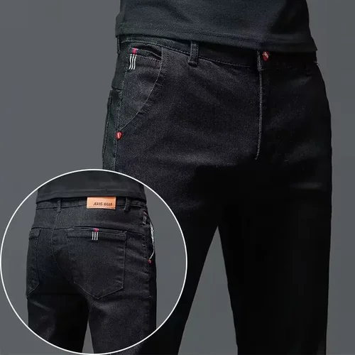 Imagen 1 del producto Pantalones vaqueros de algodón de Color liso para hombre, color negro, gris oscuro, clásicos, ajustados, elásticos, informales, moda coreana, pantalones vaqueros para jóvenes