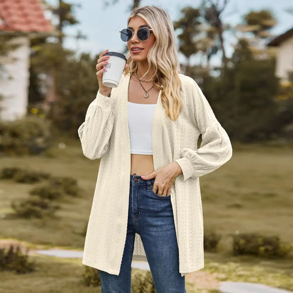 Women Cardigan Jacket Knitted Long Sleeve Solid Color Open Stitch Loose Mid length Soft Patchwork Lady Spring Fall Sweater Coat