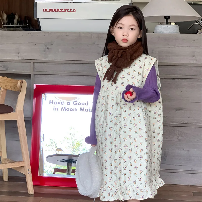 Girl Dress 2023 New Autumn Winter Korean Retro Style Blossom Dress Baby Girl Cotton Sleeveless Dress Princess Skirt Kid Clothes