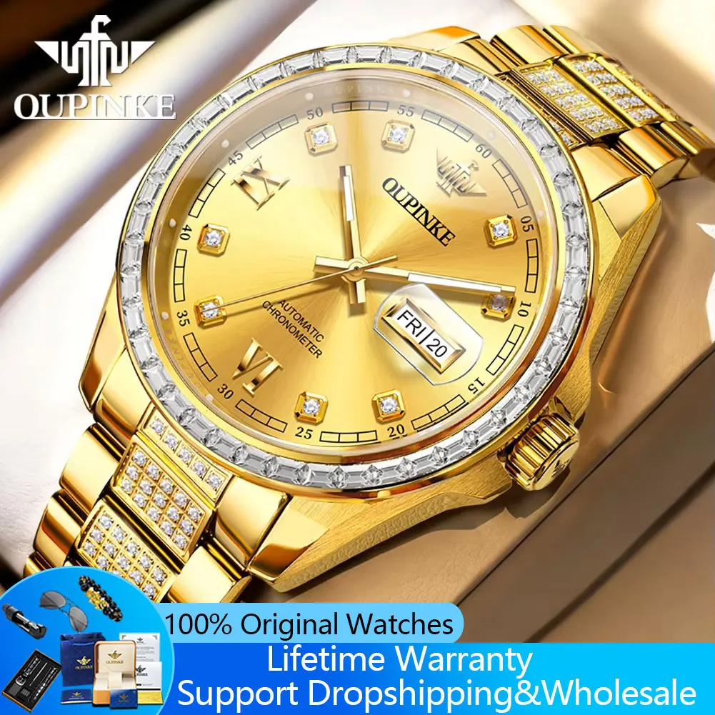 OUPINKE 3328 New Original Automatic Mechanical Men's Wristwatches Full Diamond Stainless Steel Fashion Luxury Business Man Watch