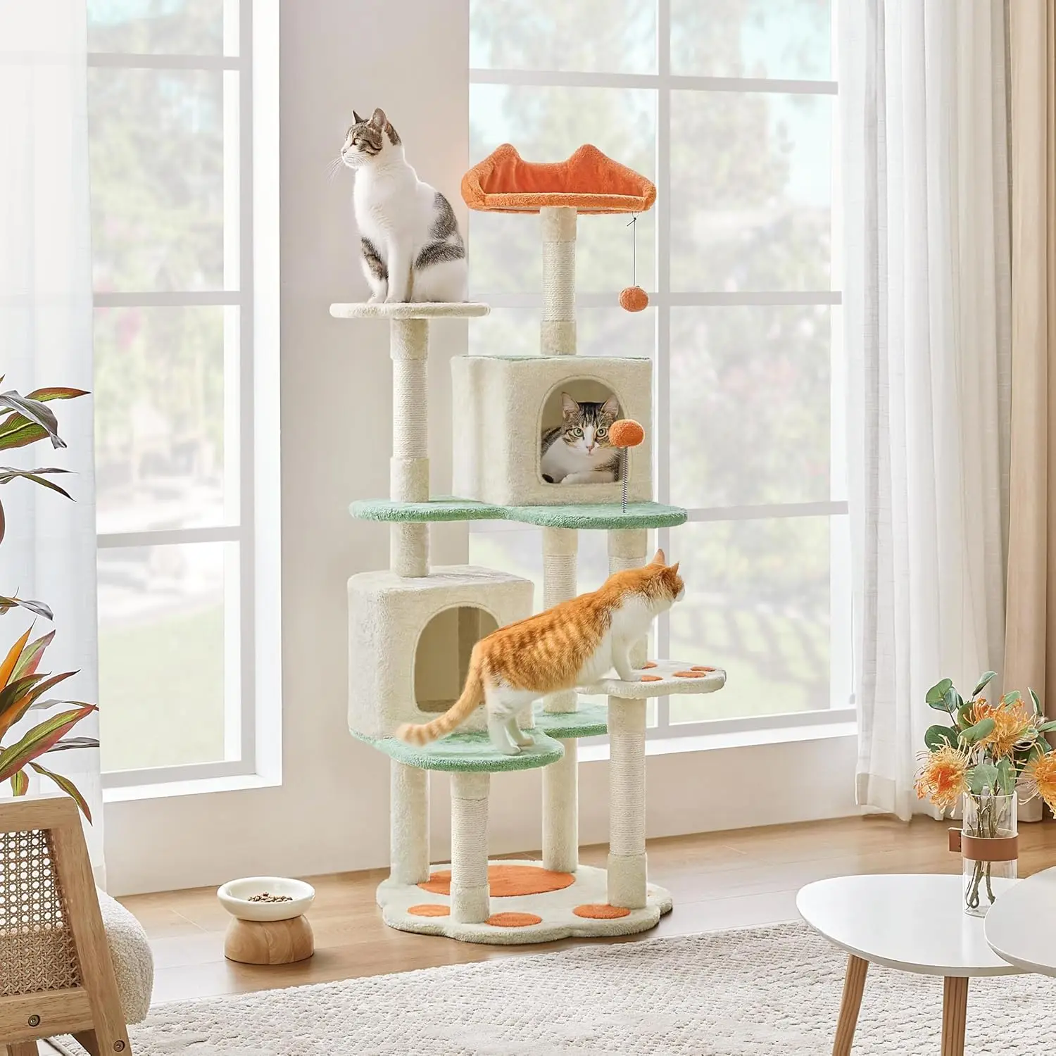 Indoor Cat Activity Center, Wood Material, Multi-Functional with Cat Paw-Shaped Platform and Dangling Balls