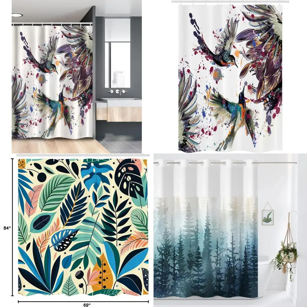 

colorful watercolor lily and hummingbird shower curtain, artful floral and bird design on fabric bath curtain