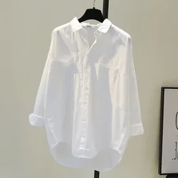 Cotton White Women's Shirt Loose Casual Blouses Office Lady Long Sleeve Elegant Tops 2024 Autumn Clothes