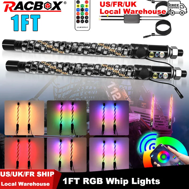 2PCS 1FT LED Whip Lights APP Remote Control Flagpole Antenna Whips For Can-am X3 RZR Off Road Truck Sand Buggy Dune UTV ATV 12V