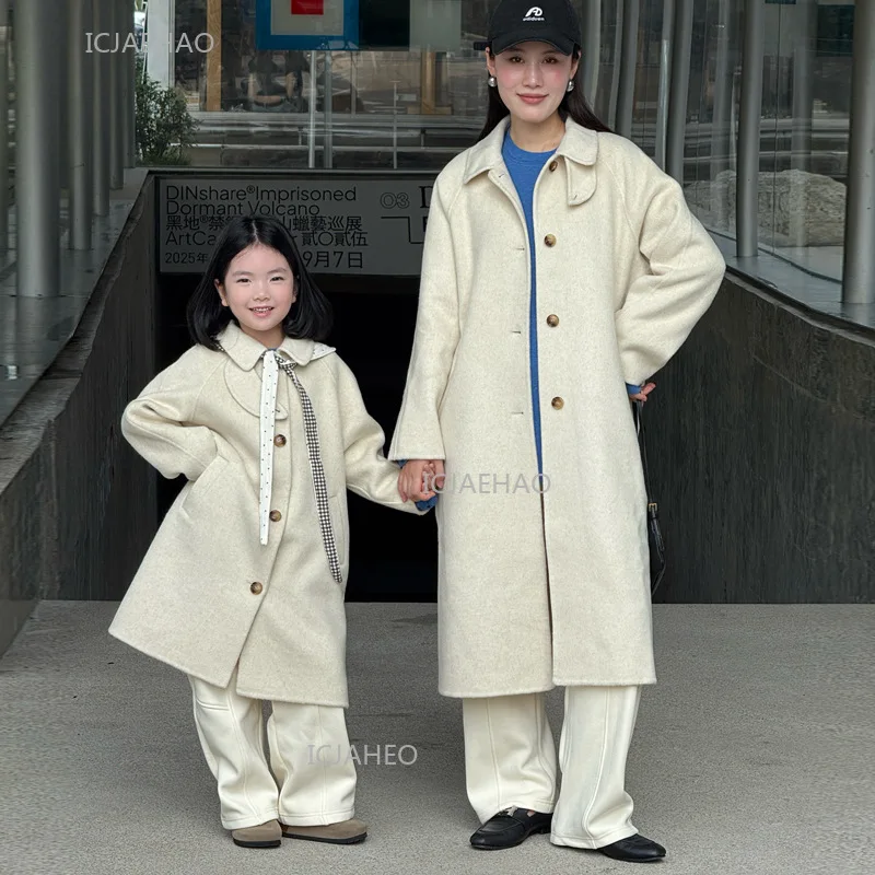 

Family Clothing Matching Mother Daughter Double Korean Style Mid Long Jacket Outfits Faced Wool Coat Mom and Kids Winter New