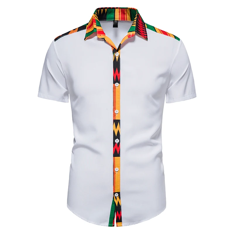 

African Mens Shirt Patchwork Reunion Africaine Print Shirt Men Ankara Style Short Sleeve Design Collar Mens Dress Shirts