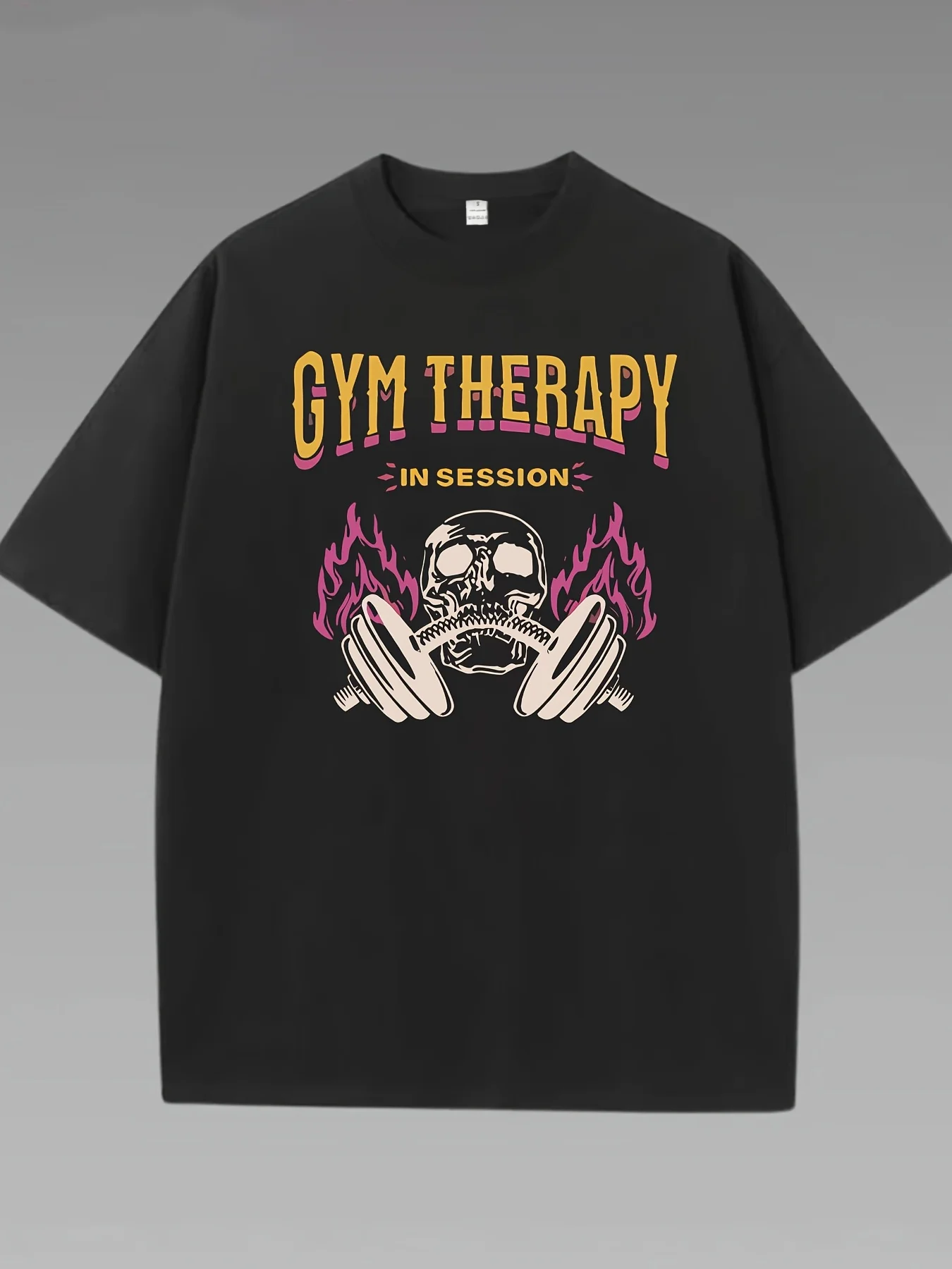 

Gym therapy in session letter and burning skull barbell pattern printed T-shirt trendy women top fashionable