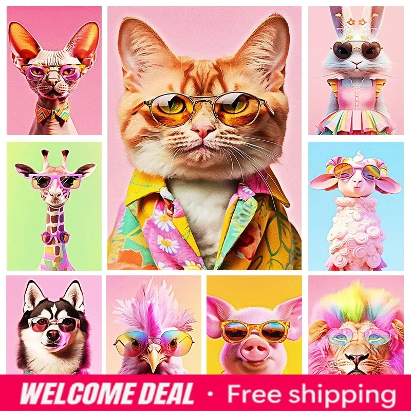 Modern Funny Animals Pop Art Poster Canvas Paintings And Prints Wall Art Lion Giraffe Portrait with Fashion Glasses  Home Dec