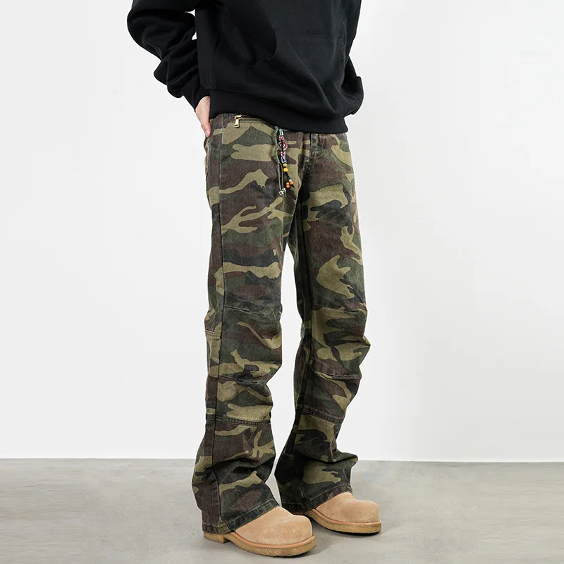 

Men's Casual Camouflage Cargo Denim Pants With Pleated Zipper Pockets