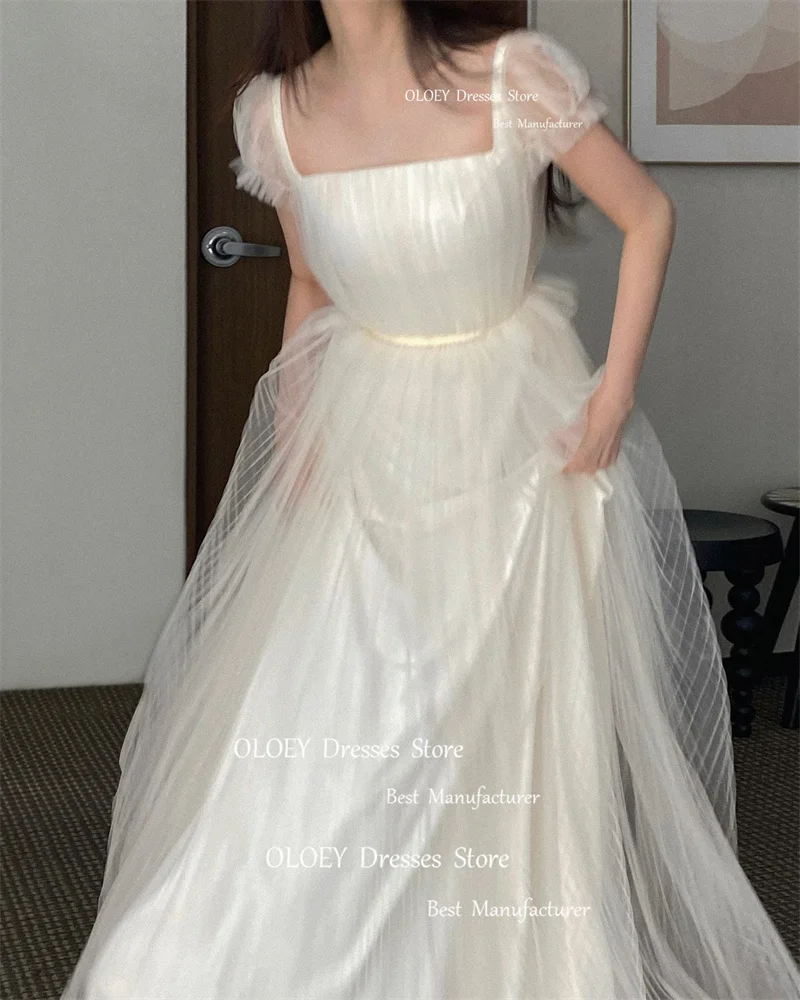 OLOEY Simple A Line Tulle Wedding Dresses Korea Photoshoot Short Sleeves Floor Length Bridal Gowns Corset Back Mariage 2024