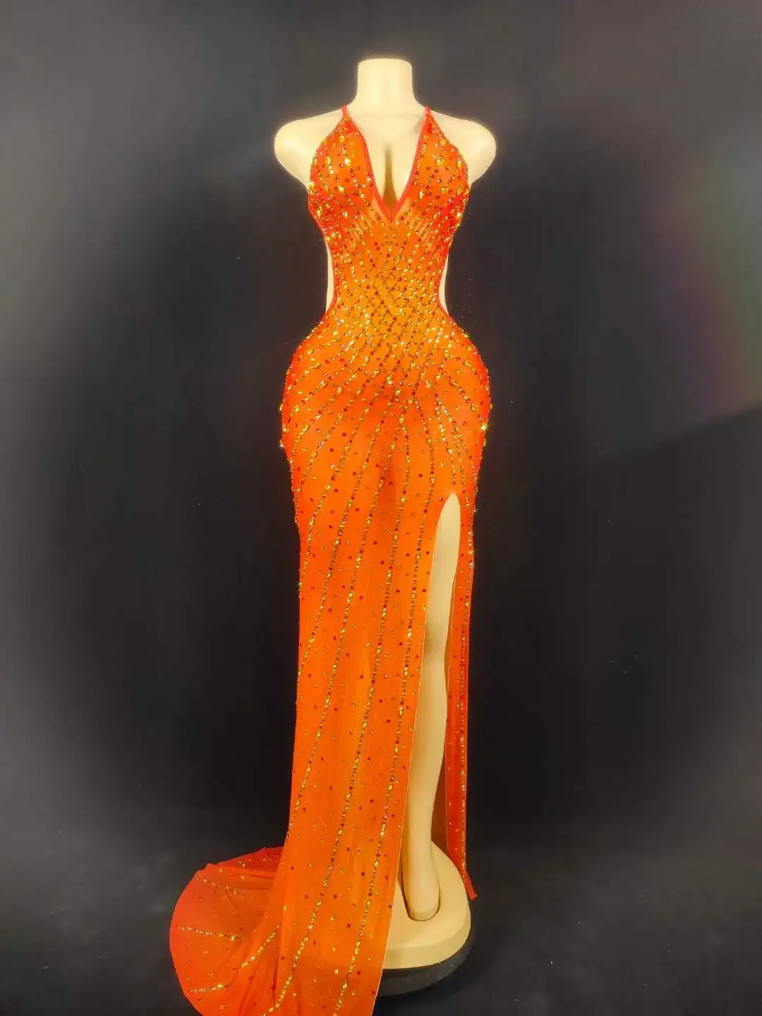 

Women Elegant Sparkly Crystal Prom Dress Sexy Backless Deep V Neck Birthday Queen Party Dress Drag Costume