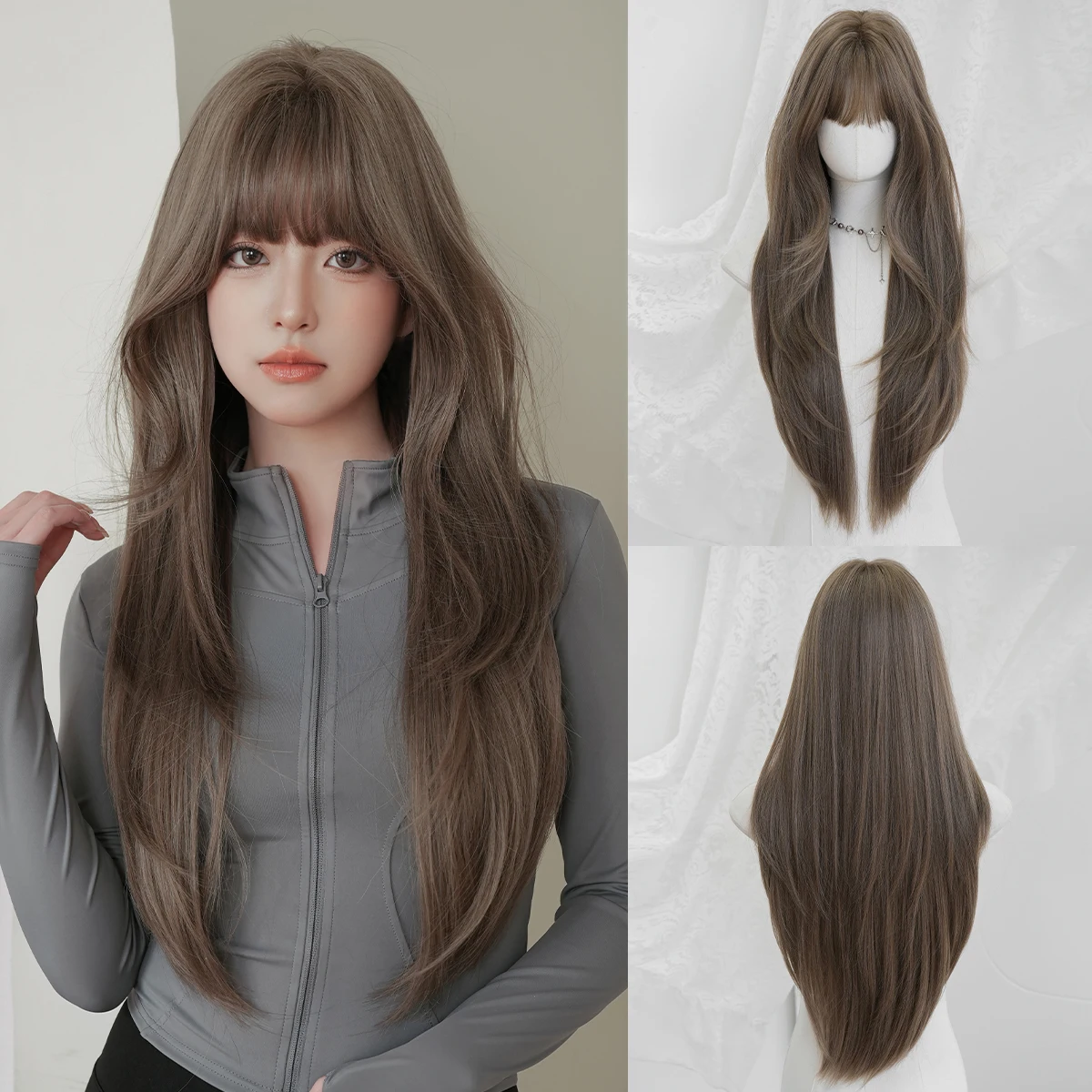 

NAMM Long Straight Brown Wig for Women Natural Synthetic Loose Layered Hair Wigs with Curtain Bangs Daily Cosplay Use