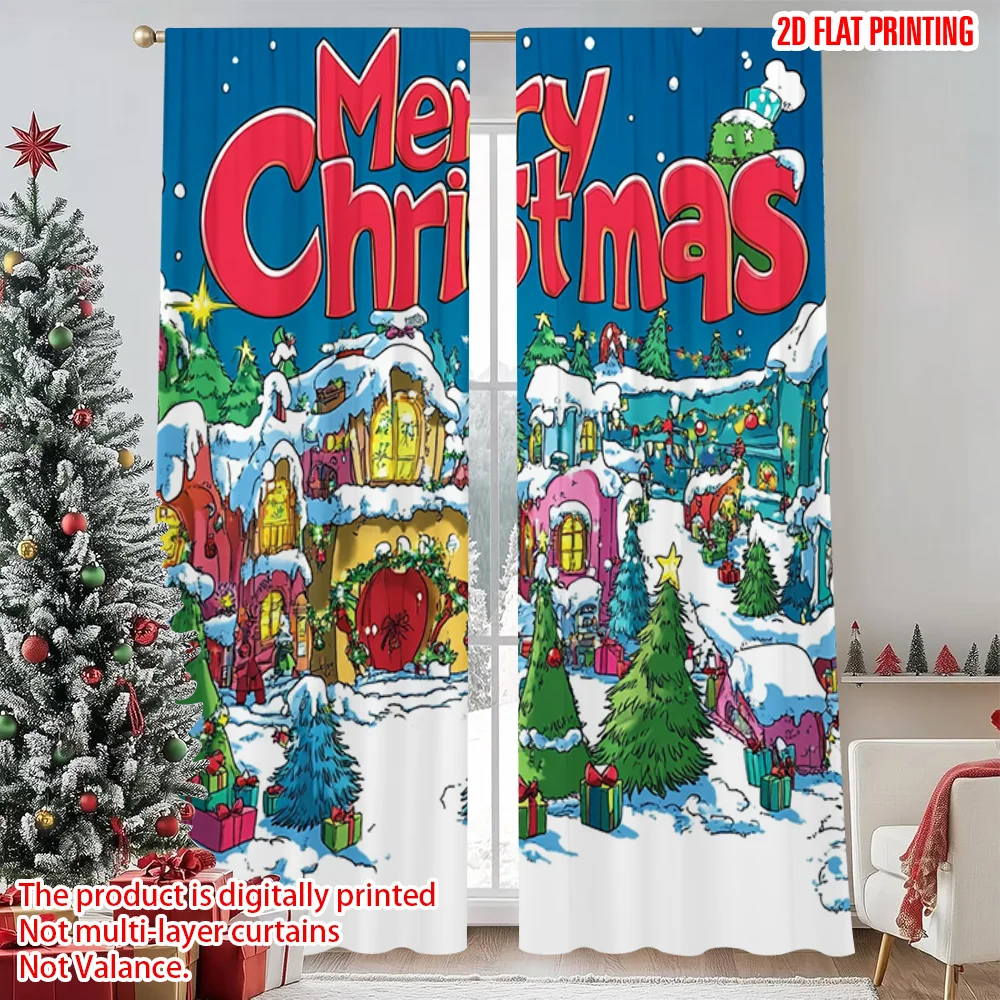 

2pcs 2D flat printing Merry Christmas Window Curtains Christmas Eve Starlight Durable 100% Polyester Fabric Without Electricity