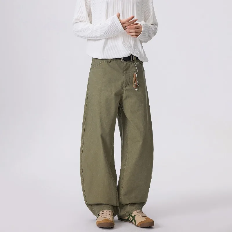 2026 Fall American Y2K Streetwear Men Washed Cotton Curved Knife Pants Baggy Wide Leg Loose Straight Casual Trousers