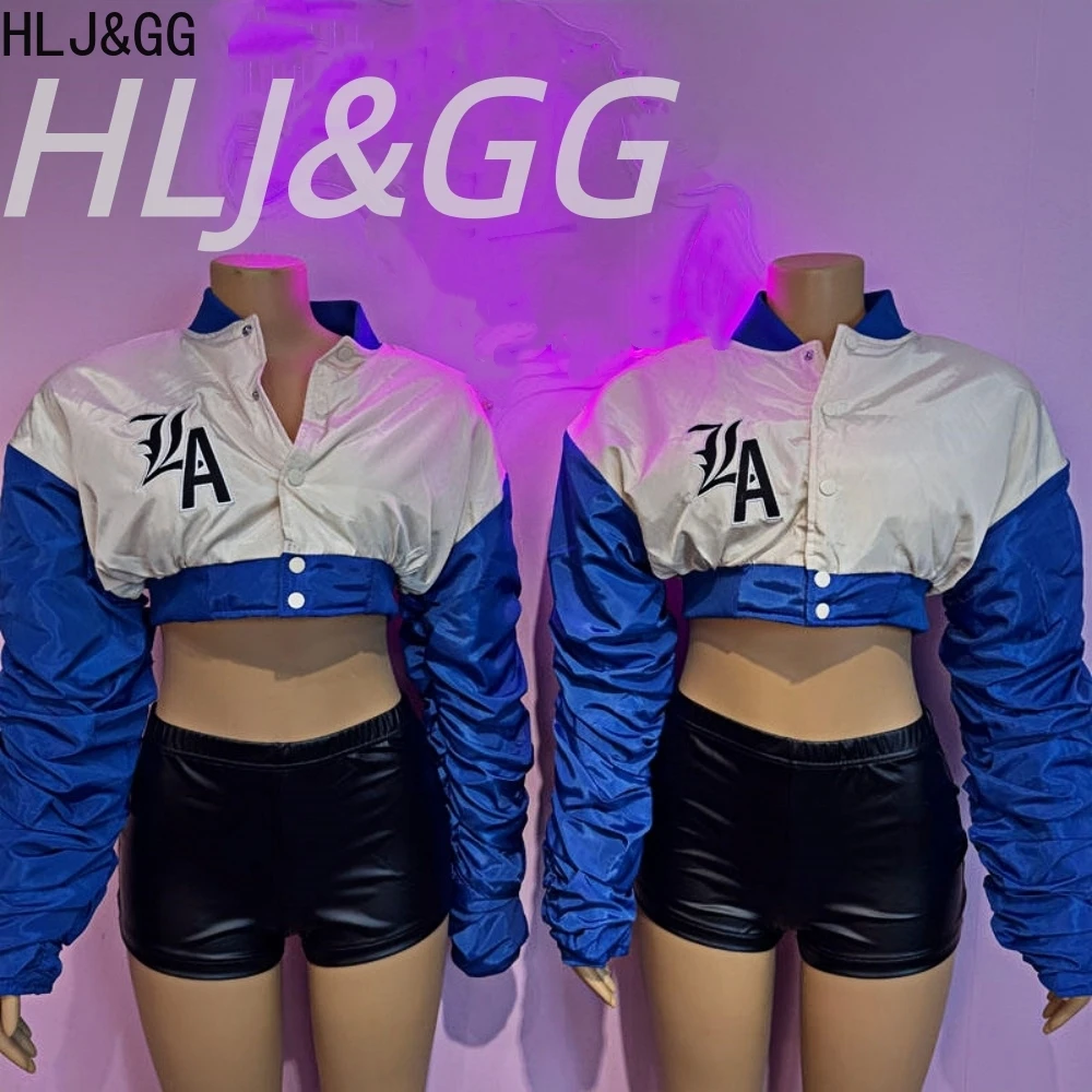 

HLJ&GG Winter New Embroidery Warm Baseball Jacket Two Piece Sets Women Button Stacked Long Sleeve Crop Top And Shorts Outfits
