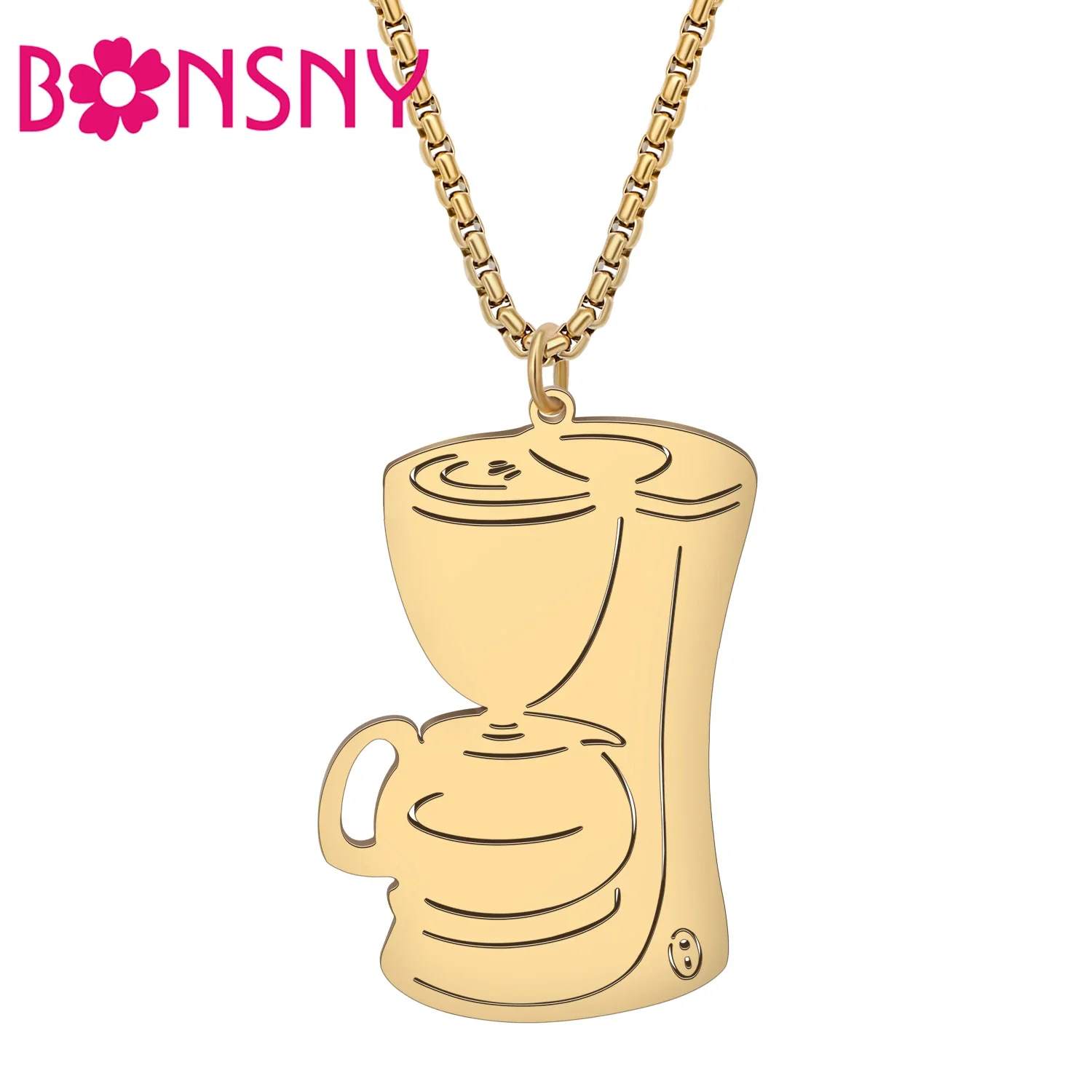 

BONSNY Stainless Steel Pendant Coffee Machine Necklace Chain Funny Jewelry 18K Gold Silver Plated For Women Girls Kid Gifts