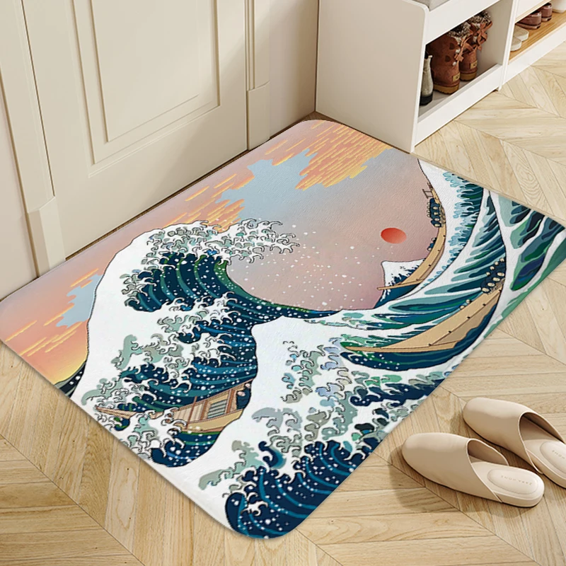 

Bathroom Mat Japanese Waves Washable Non-slip Kitchen Rug Aesthetic Room Carpet for Home Entrance Mats Children's Bedroom Carpet