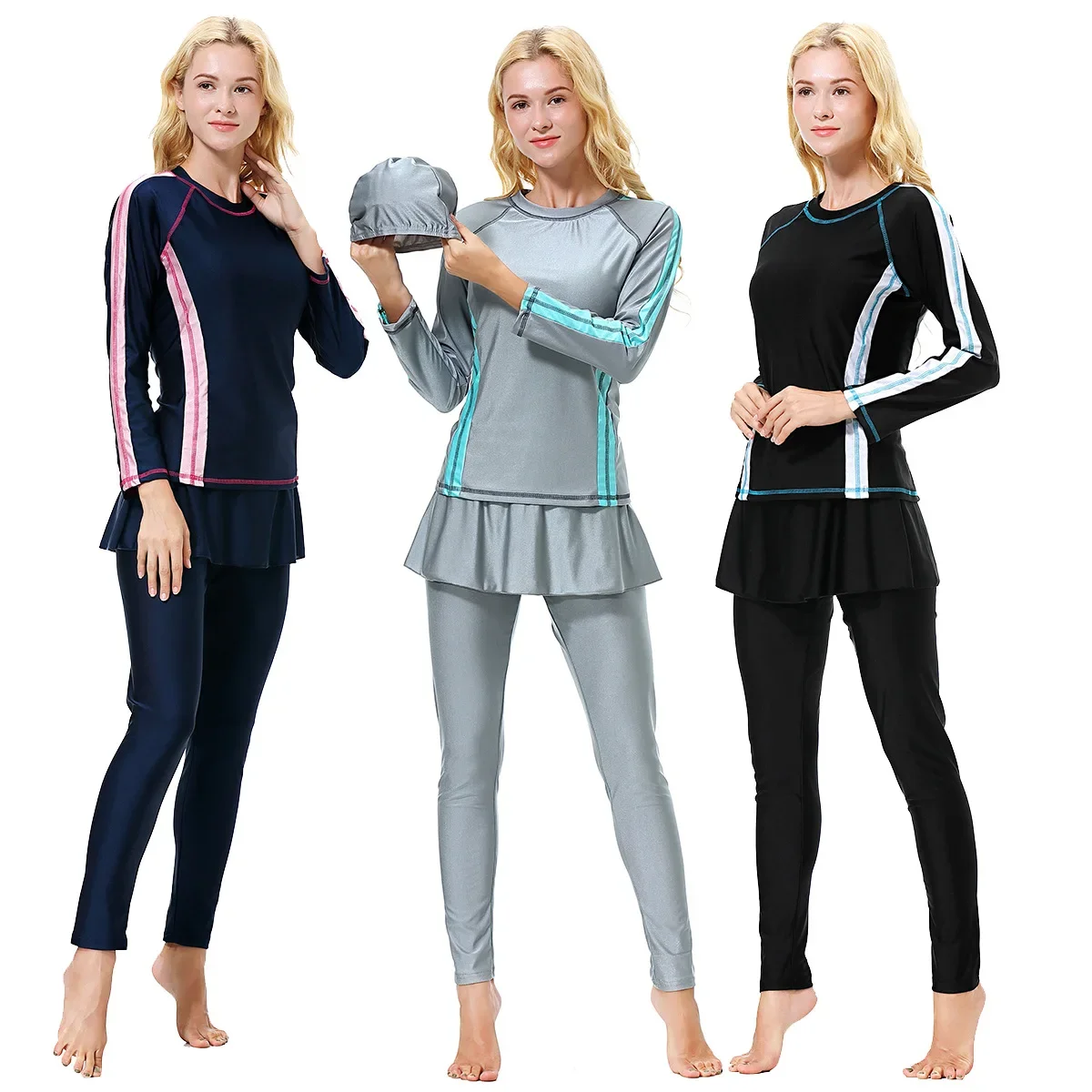 

z muzułmańskimi strojami kąpielowymi dla kobiet Modest Patchwork Swimsuit Islam Hijab Burkini Wear Hat Tops Pants Swim Bathing Suit Beach Wear