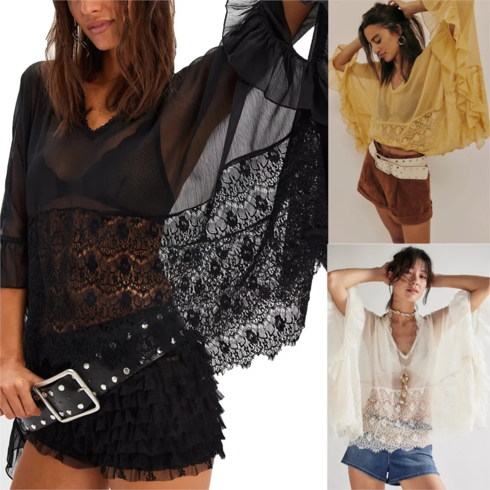 

Loose Blouse For Woman Shirts Long Sleeve Tops Women's Clothing Lace Mesh Dolman Sleeve Perspective Holiday Vacation Beachwear