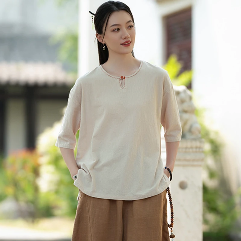 

Women Cotton Linen Casual T-shirts New Arrival 2025 Summer Vintage Style O-neck Solid Color Female Half Sleeve Tops Tees M1640