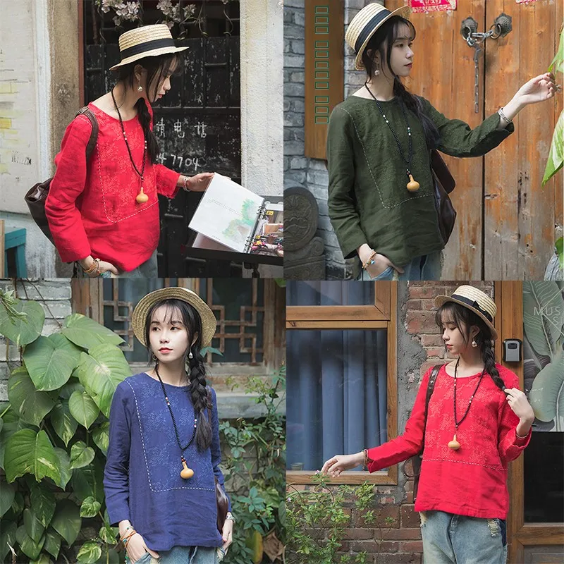 

Retro Chinese Artistic Linen irt Women's Button Cotton Linen Top Embroidered Patch Spring round Ne Long Sve T-irt