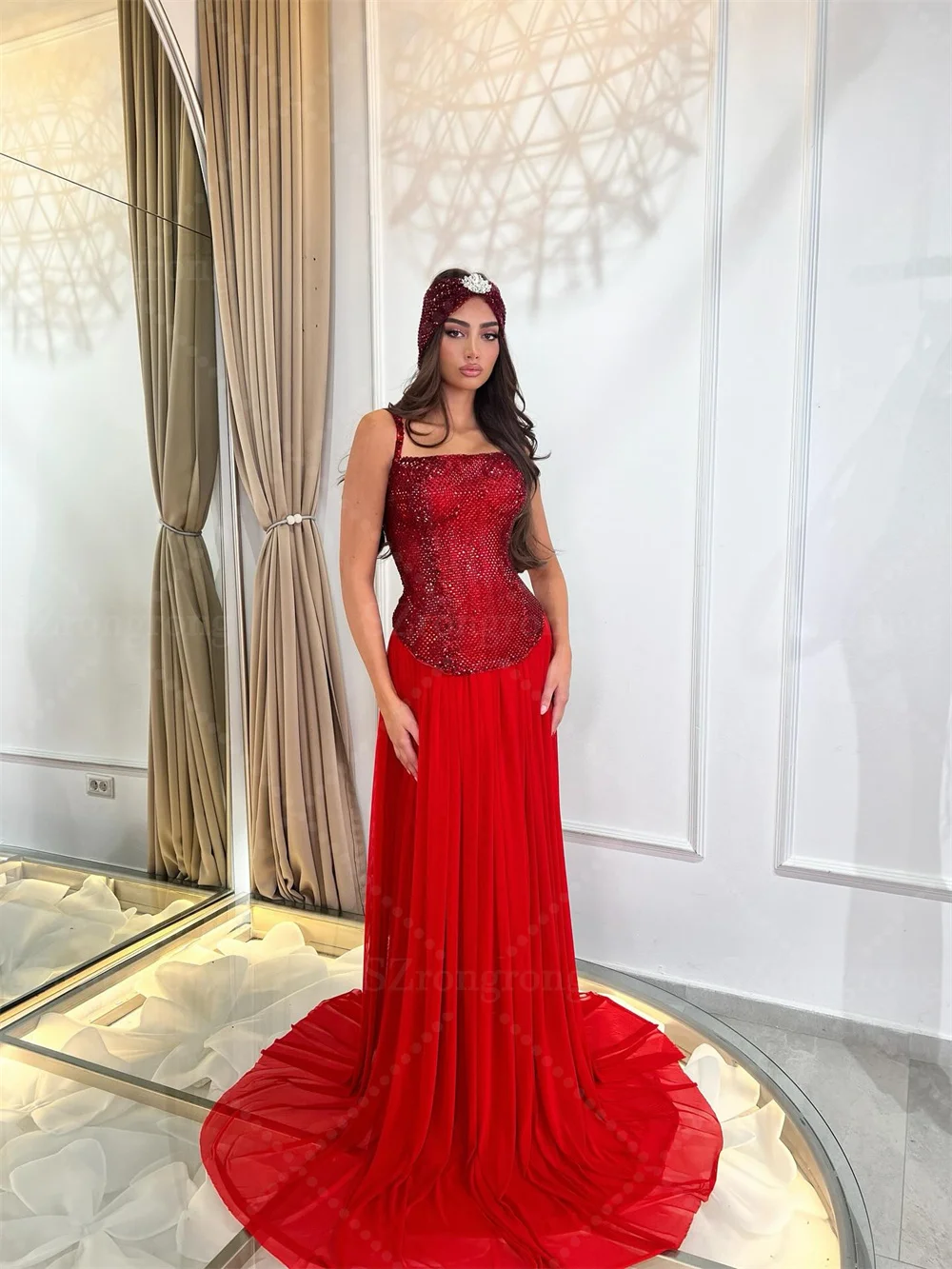 Custom Made Spaghetti Straps Sequins Glitter Bridal Evening Gwon A-line Draped Backless Birthday Party Dress with Train