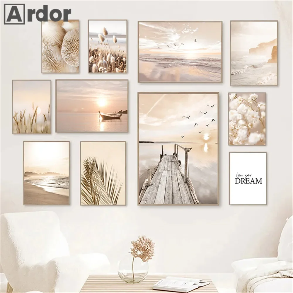 Sunset Sea Lake Boat Bridge Canvas Painting Seagull Beach Poster Beige Leaf Reed Wall Art Print Nordic Wall Pictures Home Decor