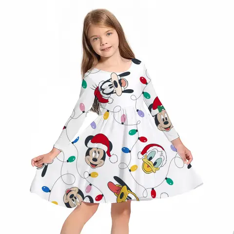 Disney Mickey Mouse Minnie print Christmas Dress Girls Princess Casual Costume Children Long Sleeve Birthday Party Clothes