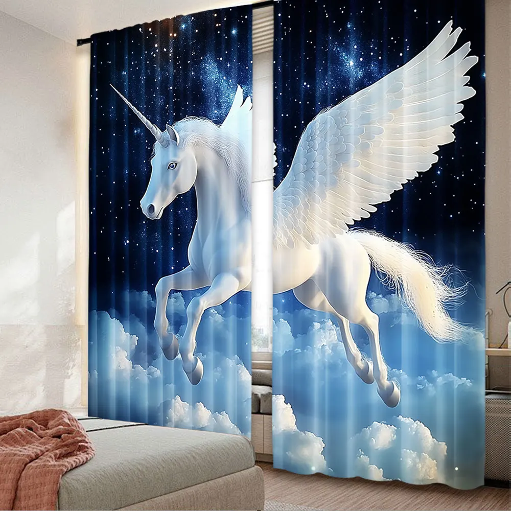 

2Pcs Fantasy Curtain Unicorn Flying Over Clouds Novelty And Purity Magic Creature For Bedroom Living Room And Dining Room A