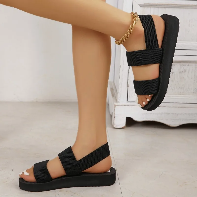 Ladies Elastic Flat Sandals Simulated Grass Weave Lightweight Beach Casual Shoes Classic Black - view 6