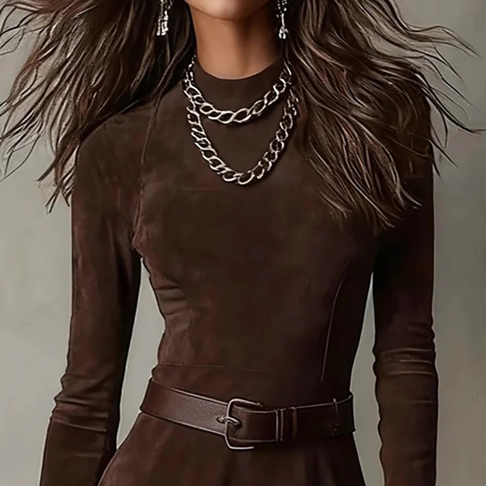 Dames vintage suède elegante mini-jurk effen ronde hals lange mouw hoge taille met riem bodycon-jurk vrouwelijke mode-jurken