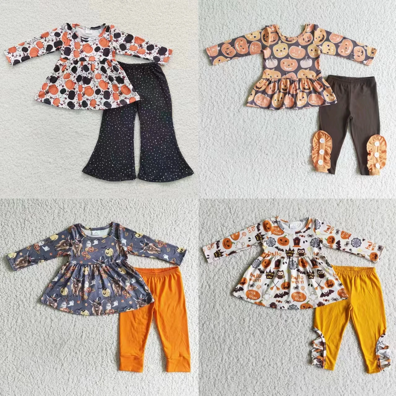 

Wholesale Baby Girl Halloween Fall Outfit Infant Long Sleeves Pumpkin Tunic Bell Bottoms Pants Toddler Children Kid Set Clothes