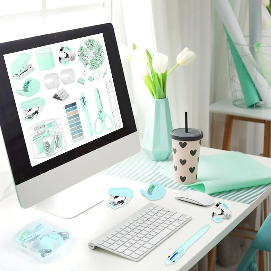 Mini suministros de oficina, suministros escolares verde turquesa con notas adhesivas, Mini grapadora, dispensador de cinta, agujero, removedor de grapas Puh Stap