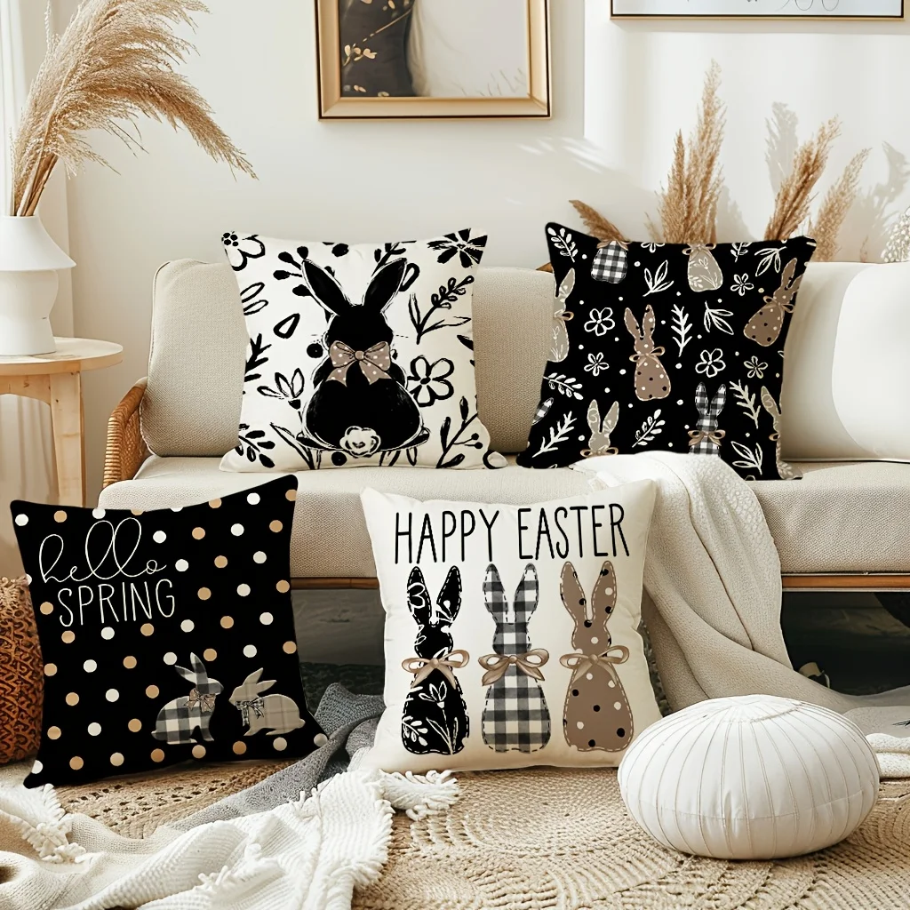 

4Pcs Easter Bunny Pillow Covers - Farmhouse Dot/Floral/Plaid Rabbit Design, Hand Wash Only Black/Brown for Porch/Patio/Sofa