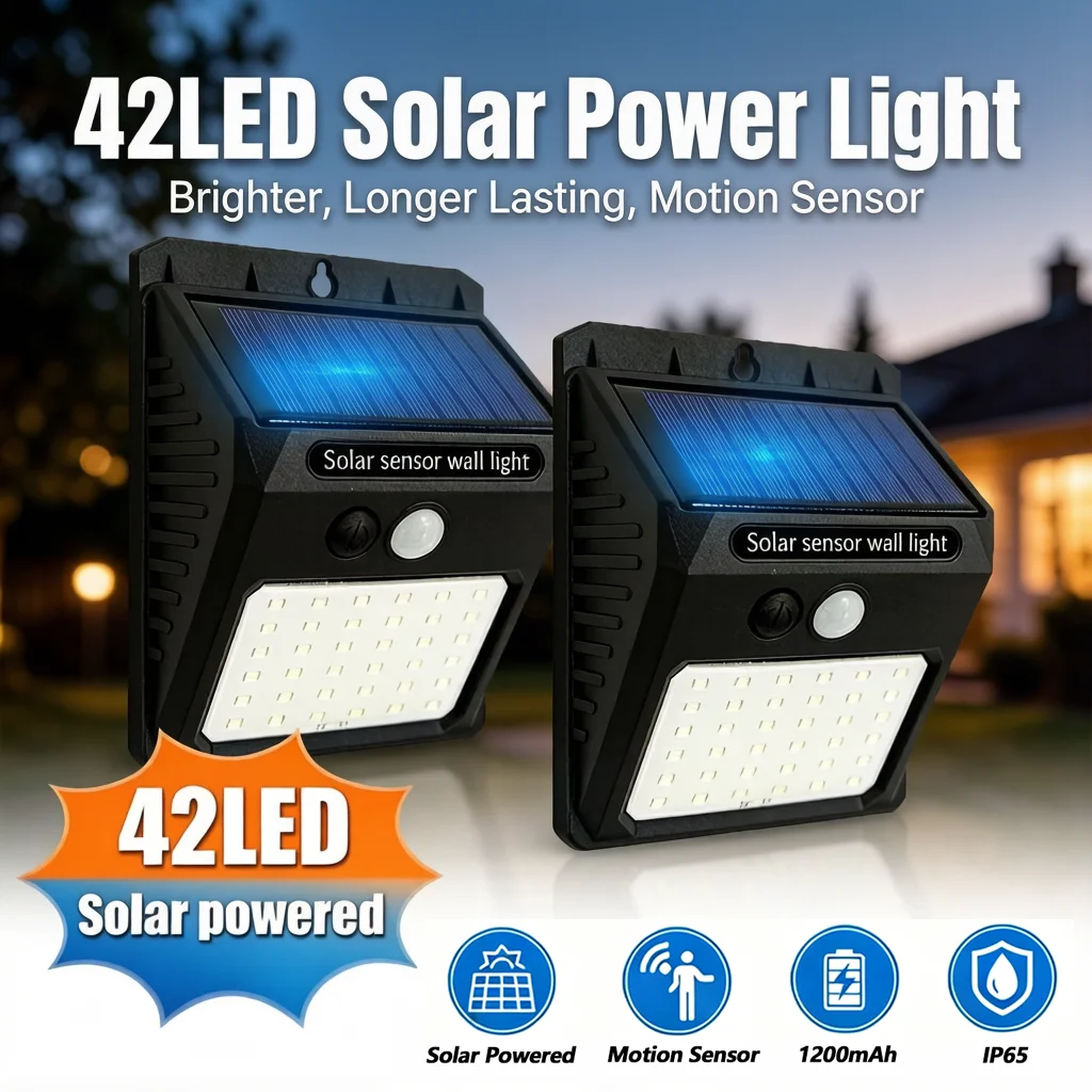 

42 светодиодных солнечных настенных светильника с датчиком движения, IP65, водонепроницаемые, беспроводные, для сада, двора, патио, дорожек
