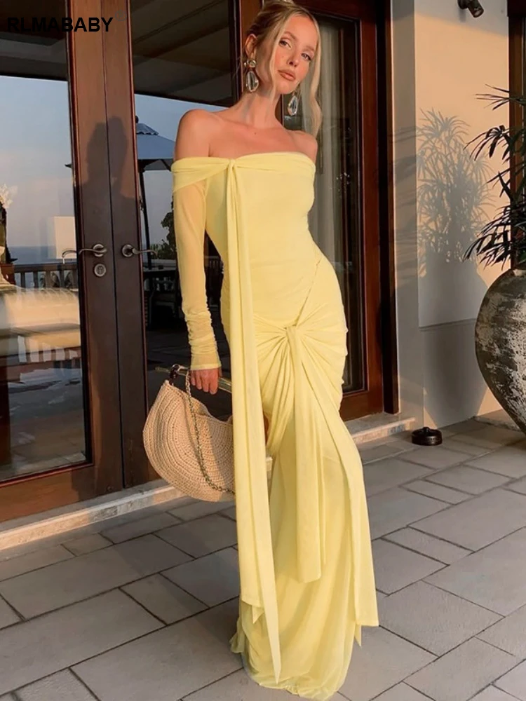 RLMABABY Sexy schulterfreies, gerüschtes, drapiertes Damen-Bodycon-Maxikleid, elegantes, rückenfreies Bandage-Party-gelbes, dünnes langes Kleid
