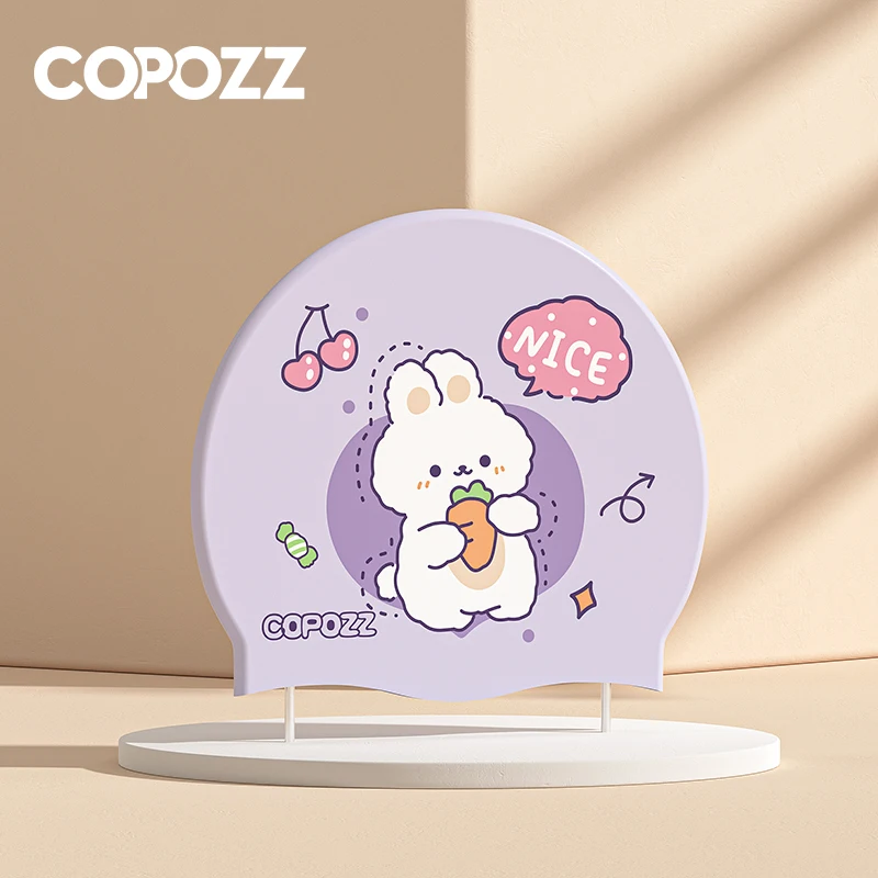 COPOZZ Swimming Cap Children Waterproof Cartoon Print Boys Girl Anti-slip Elastic Silicone Ear Protection Comfortable Swim Cap