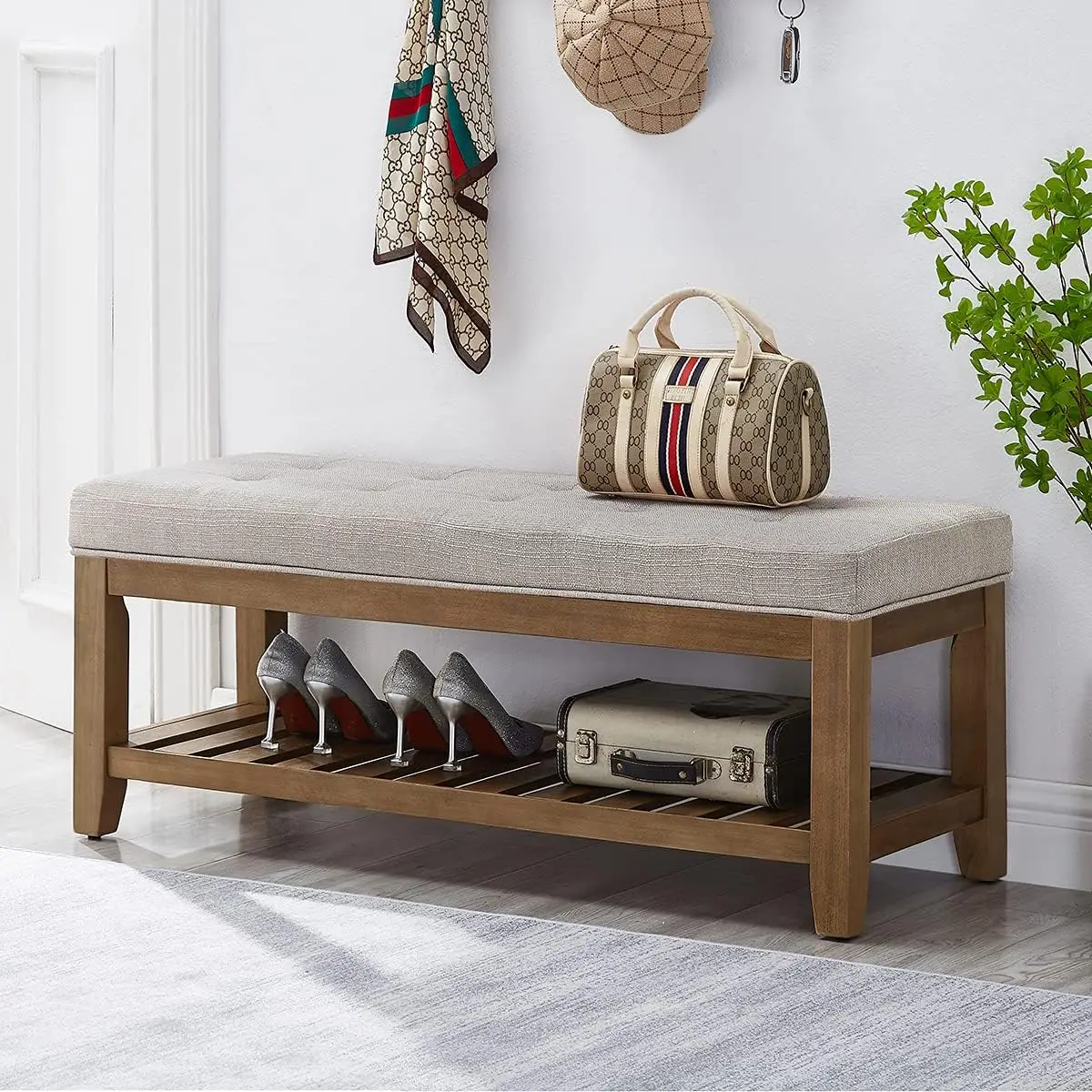 Padded Bench with Solid Wood Shelf-Linen