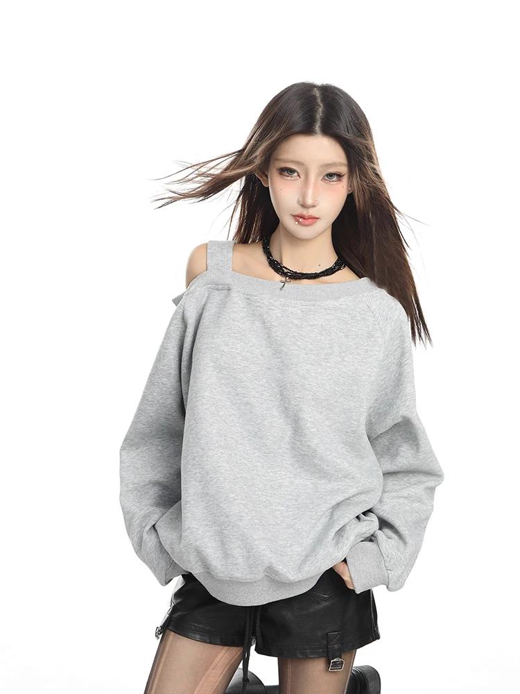 Women Retro Irregular Off Shoulder Sweatshirt Autumn New Lazy Style Loose Pullover Tops Long Sleeved Oversized Hoodie