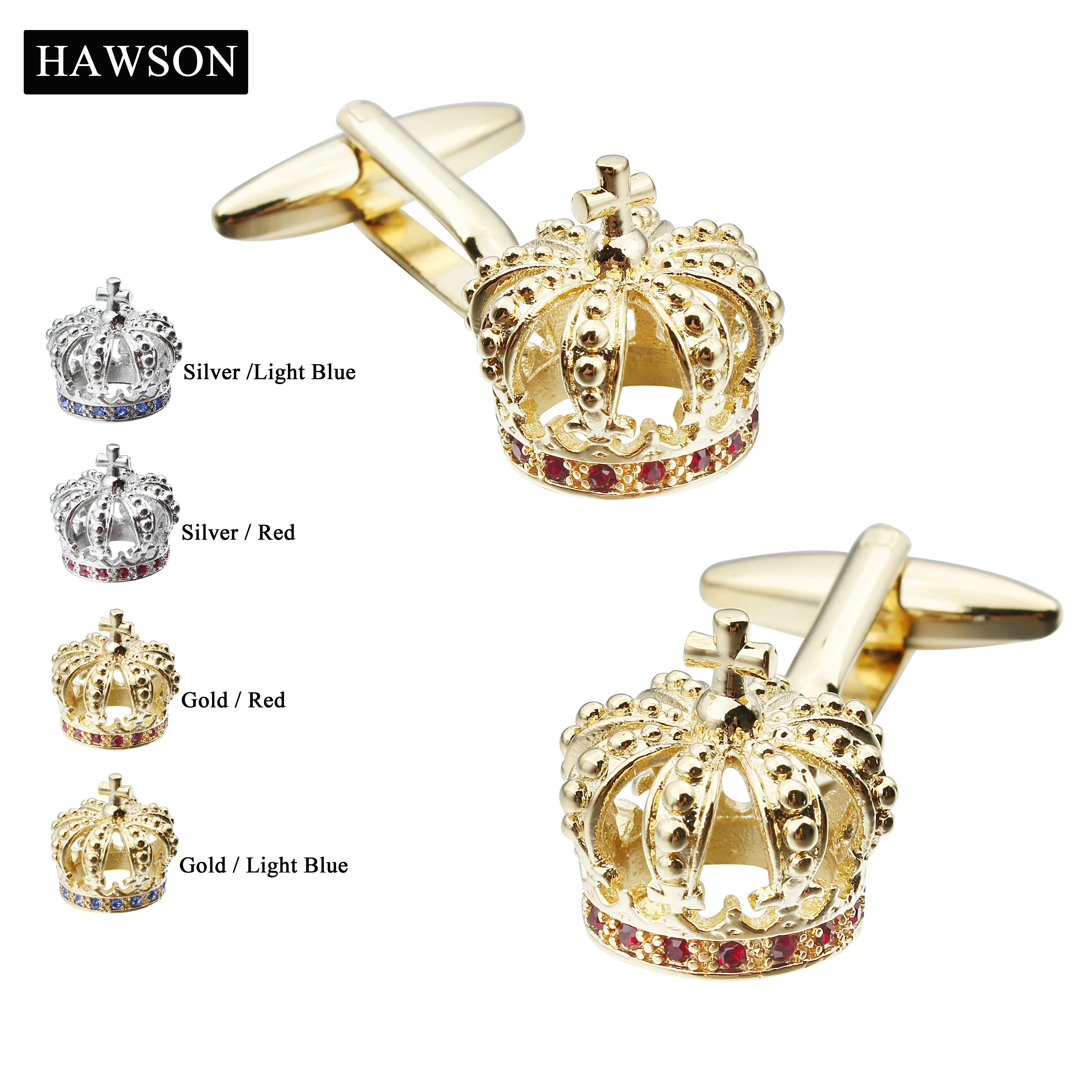 Hawson Luxury Gold Color Metal Crown Cufflinks with Diamonds Cufflinks with French Cufflinks,Groomsmen Gift Wedding Dress Cuff