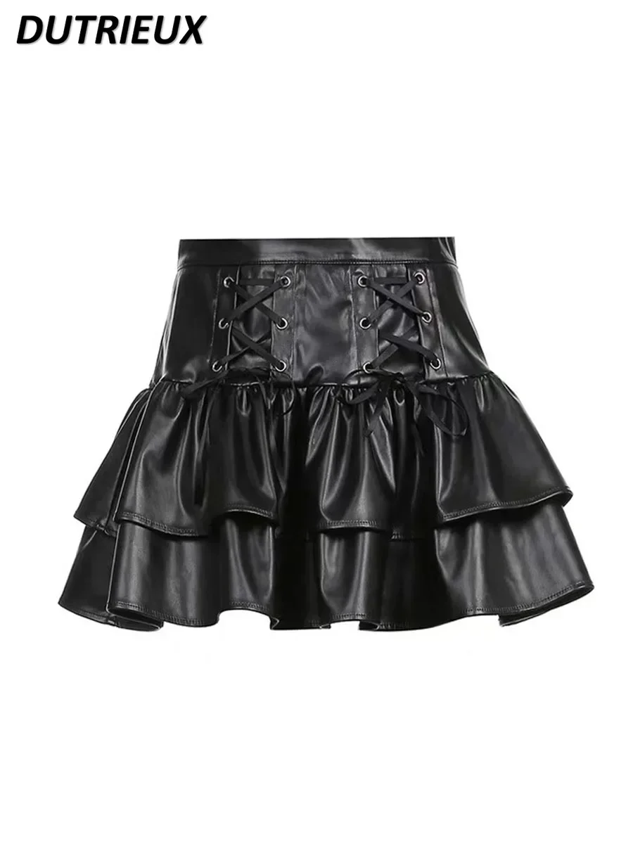 Original Design Sense High Waist Black Straps Short Skirt Spice Girl Leather PU Ruffle Edge Anti-light Shorts Mini Skirts