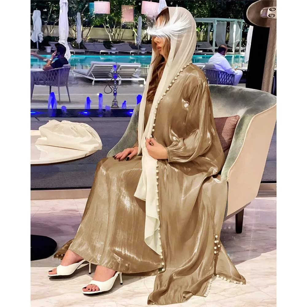 Shiny Satin Elegant Women Muslim Open Abaya 2 Piece Set Kimono Beads Maxi Dress Dubai Turkey Ramadan Robes Gown Modest Clothing