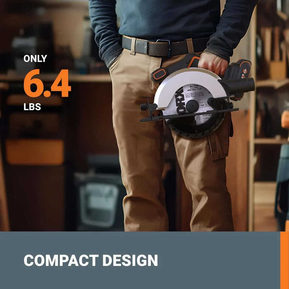 워크스 20V 무선 원형 톱, 6.5인치 절단 깊이 및 4700 RPM, 2.0Ah 배터리 포함