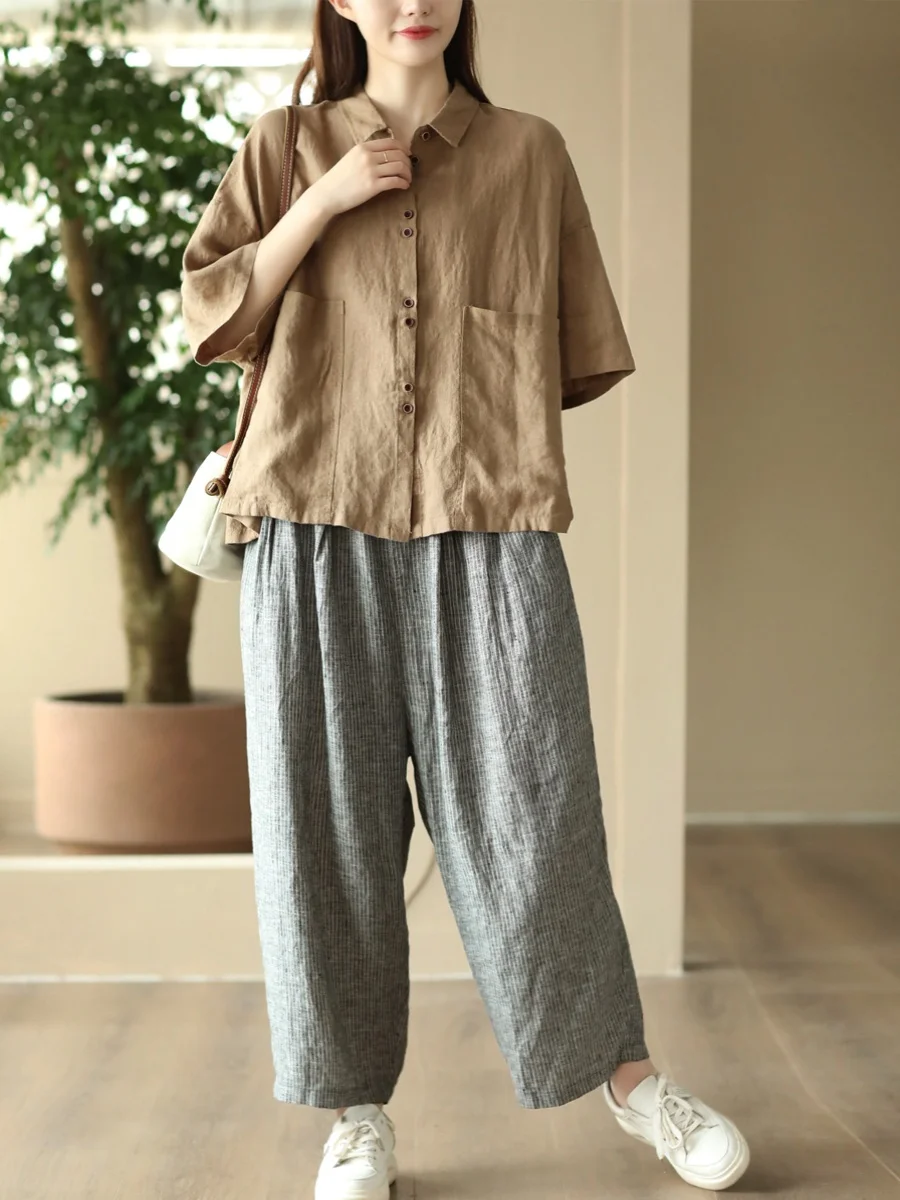 ลําลองผ้าฝ้ายผ้าลินิน irt ผู้หญิงฤดูร้อนใหม่ Sle ศิลปะ Retro Big ket Turn-down Collar หลวม irt Casual ...
