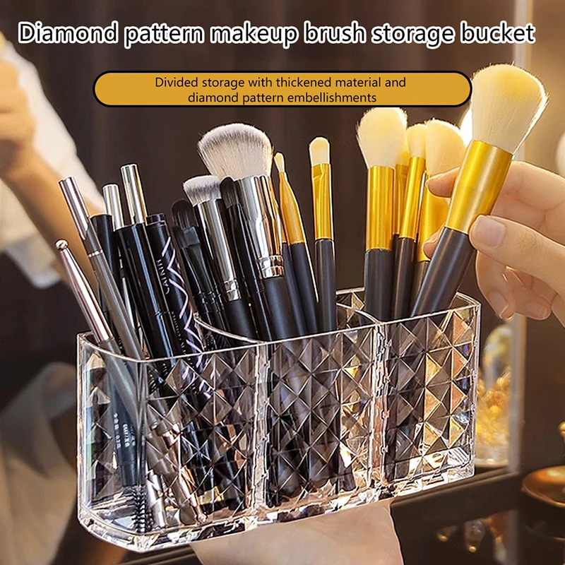 

3 Grids Makeup Brush Storage Bucket Acrylic Box Transparent Brush Bucket Organizer Brushes Container Desktop Accessories