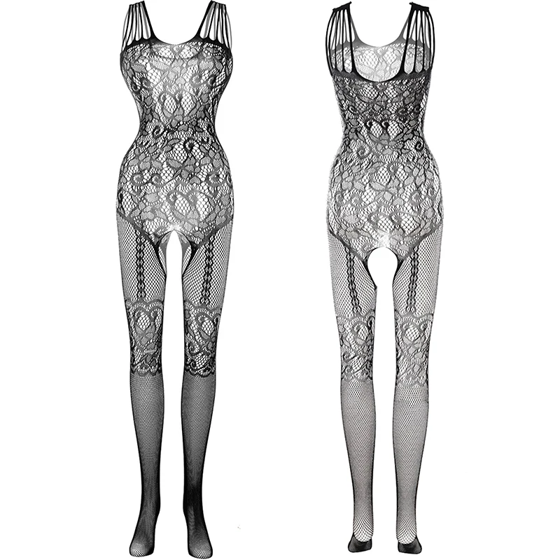 Ungu seksi Crotchless bodystocking Cosplay baju pembantu ukuran besar Lingerie erotis wanita renda Halter Mesh Bodysuit kostum Porno